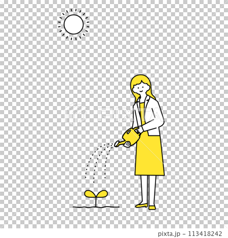 じょうろで水やりをする女性 113418242