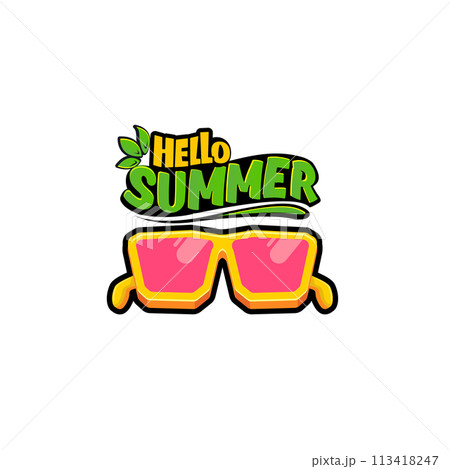 Hello summer vector lettering text with vintage retro yellow sunglasses isolated on white background. Hello summer label, icon, print, banner design template with funny cartoon sunglasses, summer vibe 113418247