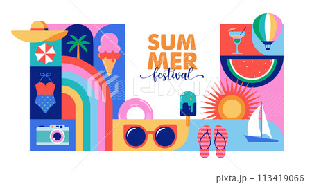 Colorful Geometric Summer and Travel Background, poster, banner. Summer time fun concept design Colorful Geometric Summer and Travel Background, poster, banner. Summer time fun concept design 113419066