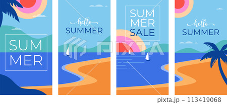 Colorful Geometric Summer and Travel Background, story templates, cards, posters, banners. Summer 113419068