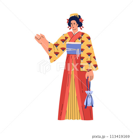 Kimono-clad woman with fan vector illustration 113419169