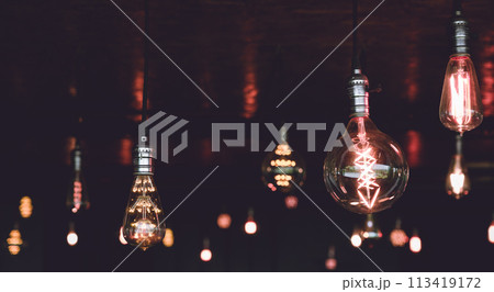 Beautiful vintage light bulb. Retro luxury light bulb hanging decor glowing. 113419172