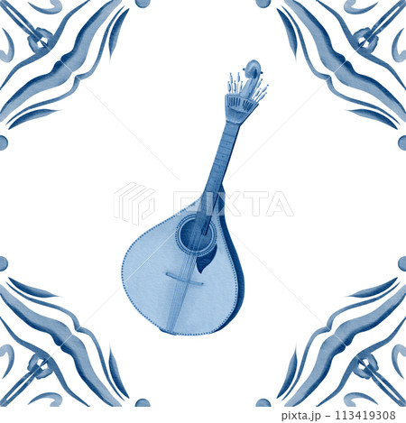 Fado's guitar for traditional songs. Watercolor illustration in blue and white. Simbol of Portuguese culture. Element of azulejo tiles. For stickers, stationery, textiles. 113419308