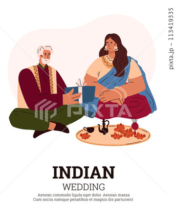 Indian wedding ceremony: cartoons of the bride and her father giving a gift in ethnic clothes 113419335
