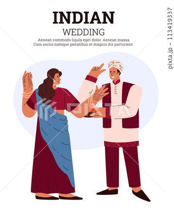 Indian couple in motion, wedding invitation illustration. Indian couple in motion, wedding invitation illustration. 113419337