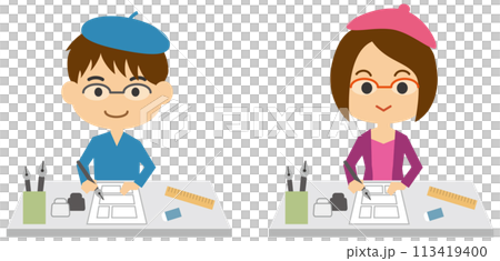 漫畫家工作中的圖像插圖（男性和女性組） 113419400