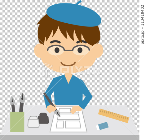 一位男性漫畫藝術家在工作的圖像插圖 113419402