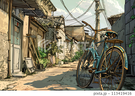 自転車と昭和の街角のイラスト素材 [113419416] - PIXTA
