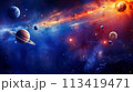 Sun, planets of the solar system and planet Earth, galaxies, stars, comet, asteroid, meteorite, nebula. Space panorama of the universe. 113419471