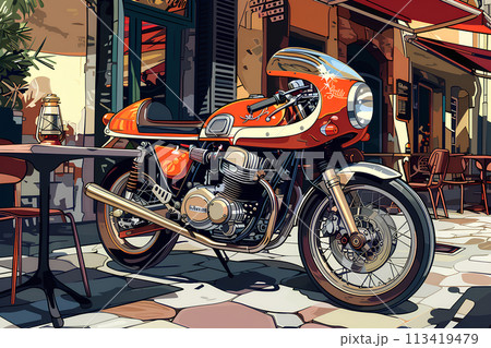 カフェレーサータイプのバイクのある風景のイラスト素材 [113419479