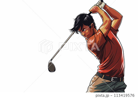 ゴルフクラブを握ってスイングする男性 ゴルフクラブを握ってスイングする男性 113419576