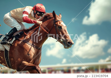 Rider is riding a thoroughbred racehorse 113419704