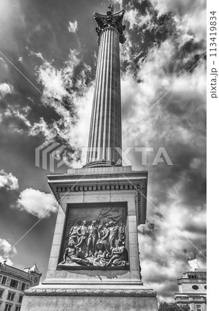 Nelson statue atop column at Trafalgar Square, London, UK Nelson statue atop column at Trafalgar Square, London, UK 113419834