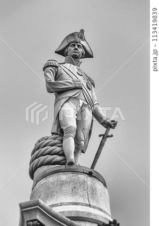 Nelson statue atop column at Trafalgar Square, London, UK 113419839