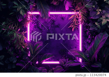 Neon square frame surrounded by tropical leaves 113420074