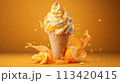Orange ice cream in waffle cone with splash on orange background 113420415