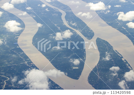 Aerial View Of Mekong River Flows Through The Mekong Delta In South Vietnam. Aerial View Of Mekong River Flows Through The Mekong Delta In South Vietnam. 113420598