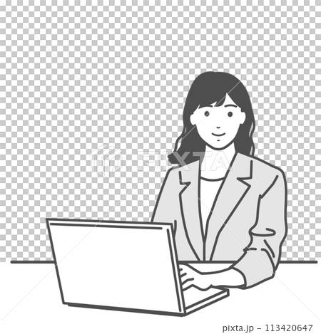 パソコンを使っている笑顔の女性のシンプルなイラスト　白バック、モノクロ、ベクター 113420647