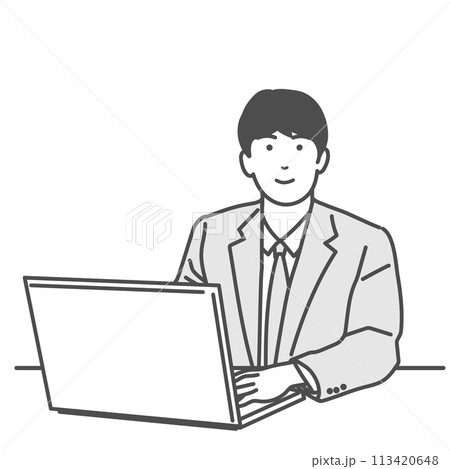 パソコンで仕事をする笑顔の男性 モノクロのベクターイラスト、白バック、白背景、透明、背景なし パソコンで仕事をする笑顔の男性 モノクロのベクターイラスト、白バック、白背景、透明、背景なし 113420648