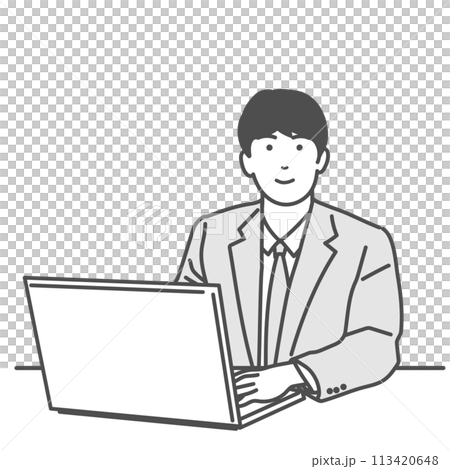 パソコンで仕事をする笑顔の男性 モノクロのベクターイラスト、白バック、白背景、透明、背景なし パソコンで仕事をする笑顔の男性 モノクロのベクターイラスト、白バック、白背景、透明、背景なし 113420648