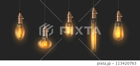 Glowing incandescent lightbulbs 3d realistic image set Glowing incandescent lightbulbs 3d realistic image set 113420763