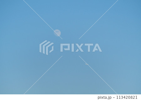 真昼の月に飛行機 113420821