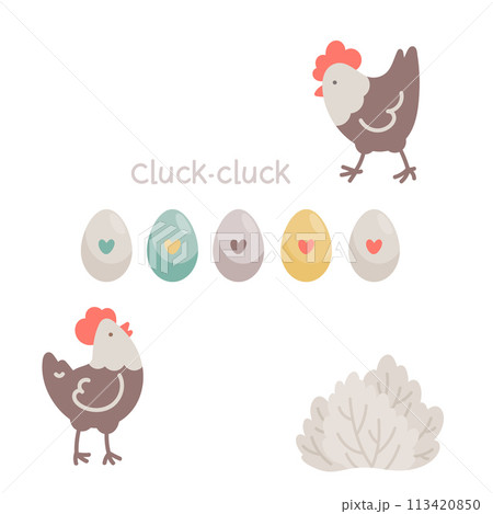 Farm birds family. Chickens, Easter egg characters 113420850