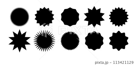 Starburst speech bubbles. Starburst, black price sticker sunburst icons. Black Sunburst. Flat vintage price tag stickers.Vector 113421129