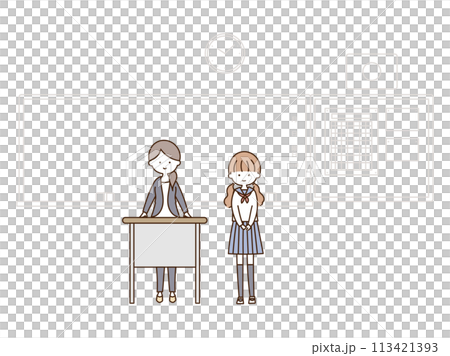 A transfer student and her homeroom teacher are introduced to the class in front of the blackboard. 113421393