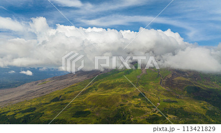 Aerial view of Sinabung volcano with slopes covered with clouds after the eruption. Sumatra, Indonesia. 113421829