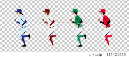 Female baseball team members in various uniforms warming up during training 113421956