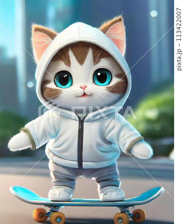 スケボーをする茶色の子猫 113422007