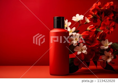 Red matte cosmetic bottle for liquid standing on surface. Plastic container, tube for cream or shampoo. Beauty product for personal hair or skin care. Orchid flowers on background 113422020
