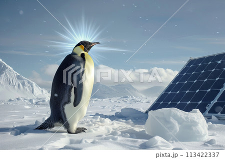 Alternative energy concept. Solar battery near a penguin in Antarctica Alternative energy concept. Solar battery near a penguin in Antarctica 113422337