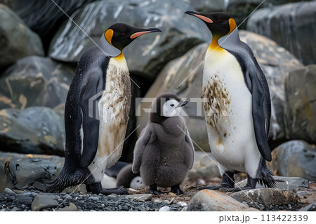 A family of emperor penguins against a background of wet gray rocks A family of emperor penguins against a background of wet gray rocks 113422339