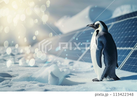 King penguin stands in the snow near a solar panel King penguin stands in the snow near a solar panel 113422348