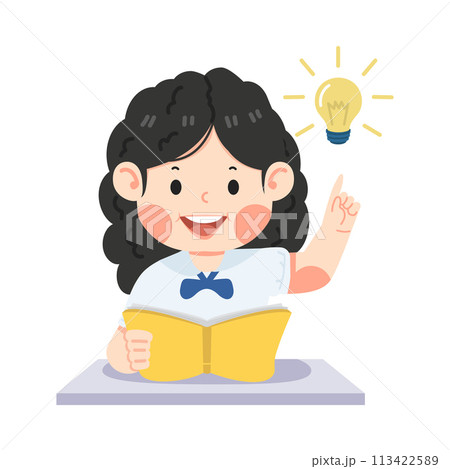 girl student reading book with idea lamp girl student reading book with idea lamp 113422589