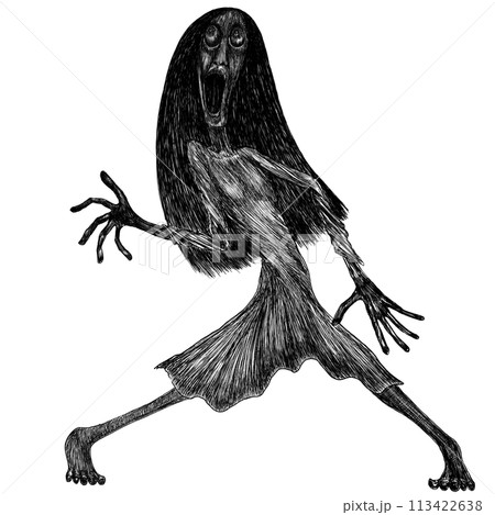白黒の不気味な髪の長い女性の全身 113422638