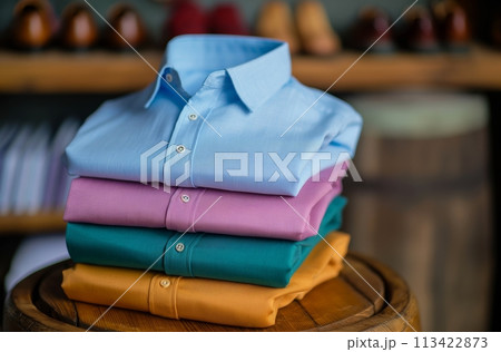 Stack of folded cotton shirts 113422873