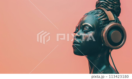 African woman statue wearing headphones listening to music, pink background with copy space 113423180