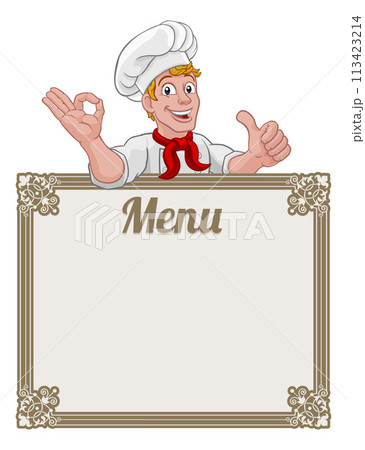 Chef Cook Baker Cartoon Man Menu Sign Background Chef Cook Baker Cartoon Man Menu Sign Background 113423214