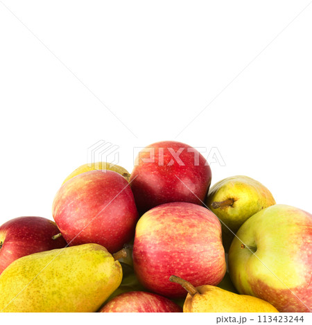Ripe apples and pears isolated on a white. There is free space for text. 113423244