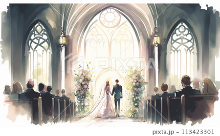 教会での結婚式の水彩画