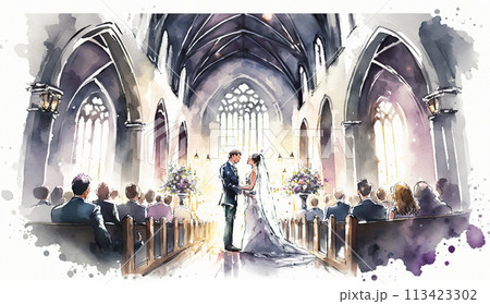 教会での結婚式の水彩画