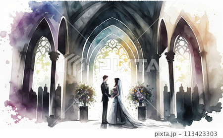 教会での結婚式の水彩画