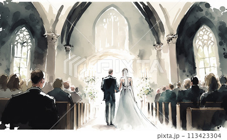 教会での結婚式の水彩画