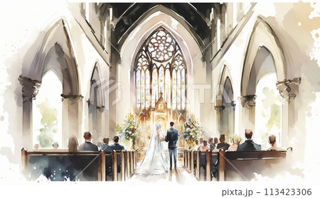 教会での結婚式の水彩画