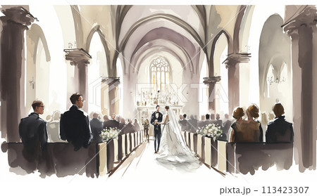 教会での結婚式の水彩画