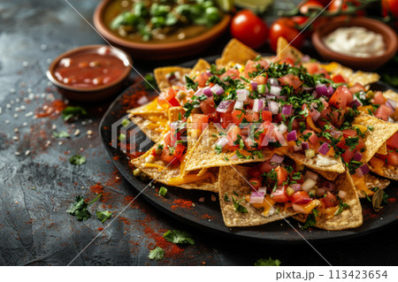 Mexican food - nachos with ground beer, tomatoes, cilantro and cheese 113423654