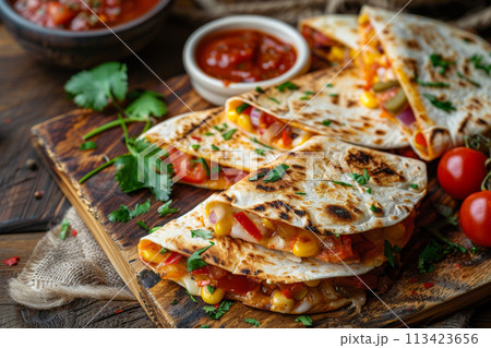 Mexican food - quesadillas on wood background, menu shot 113423656